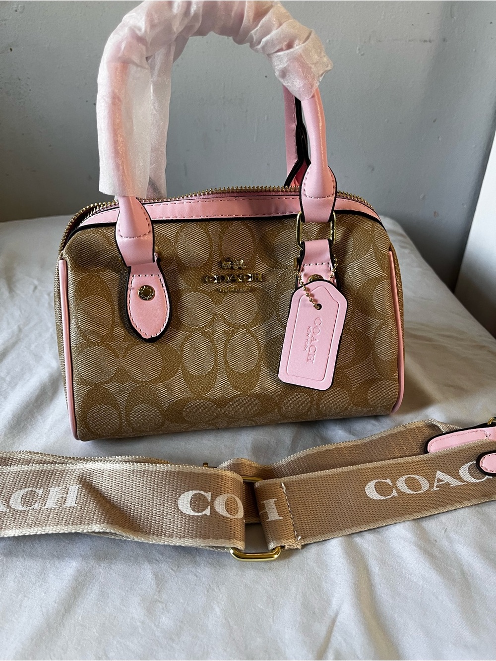 Coach Tan Signature Satchel with Pink Leather Trim